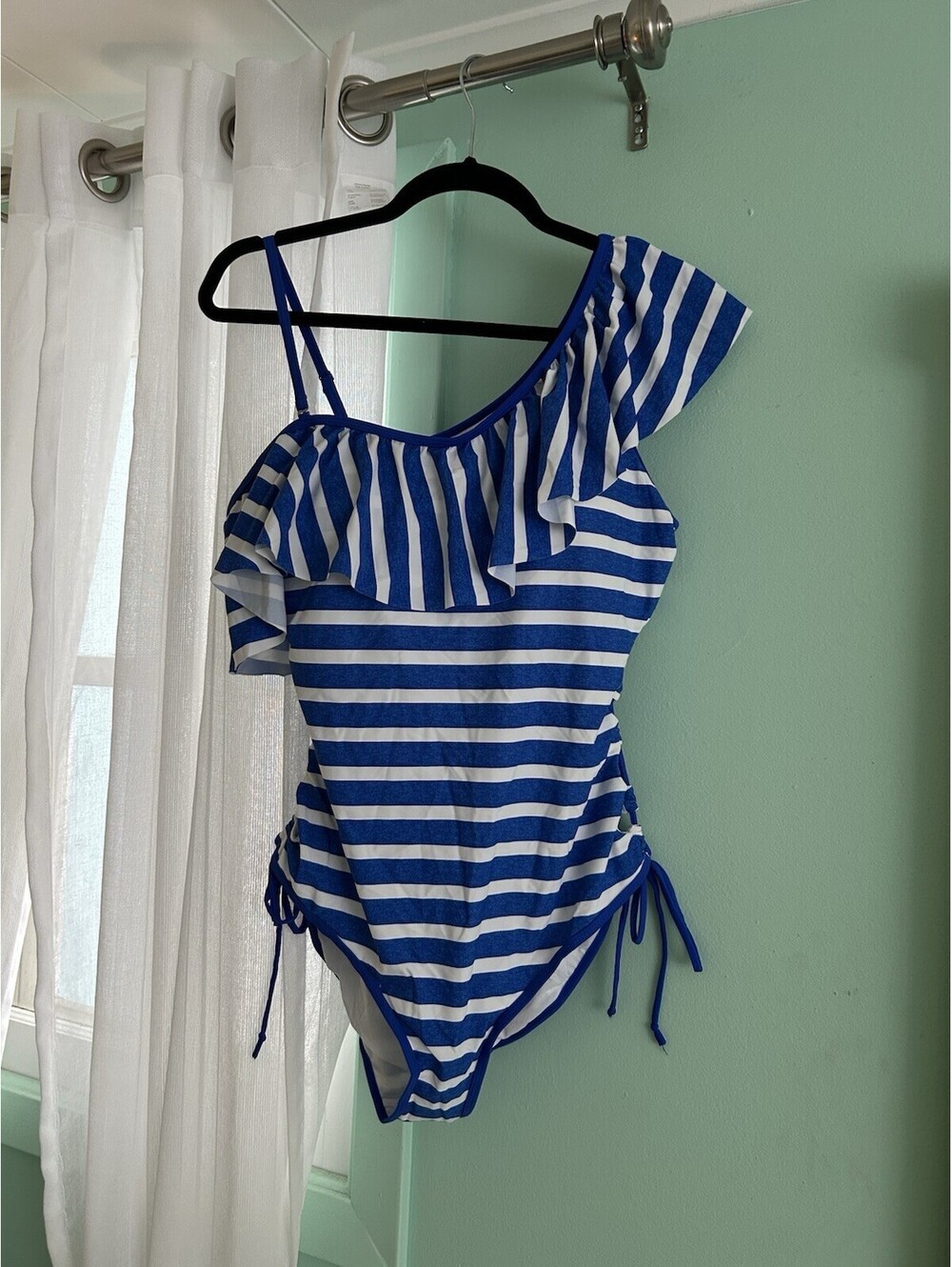 Blue and White One Shoulder Striped Cut Out One Piece Bathing Suit Size Large